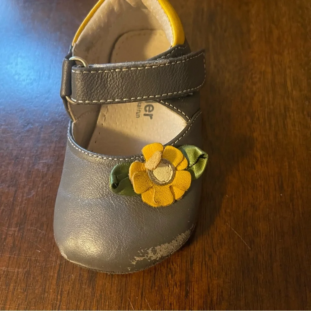 Gray Baby Shoes with Yellow Flower Accent